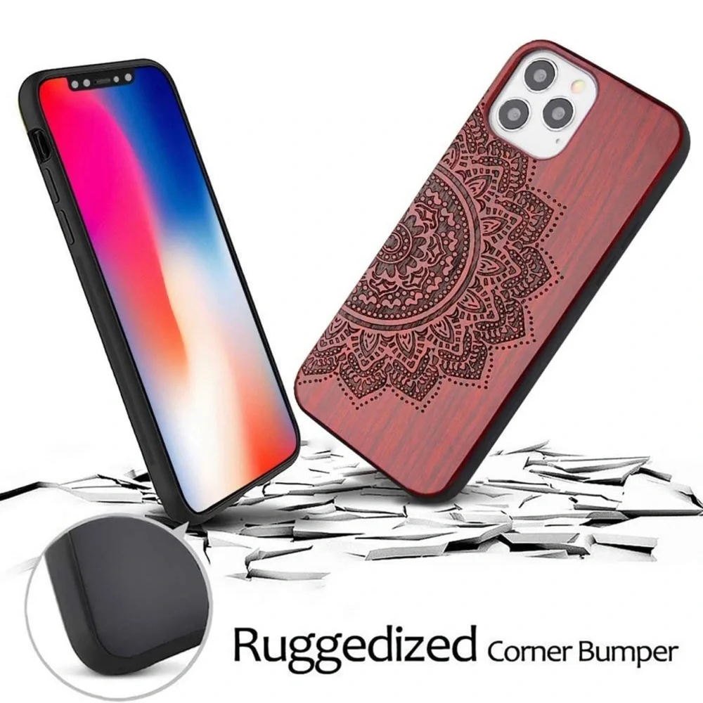 Wood Engraved Case Slim Protective Cover Bumper Case for Apple iPhone 12/12 Pro - Picture 4 of 11